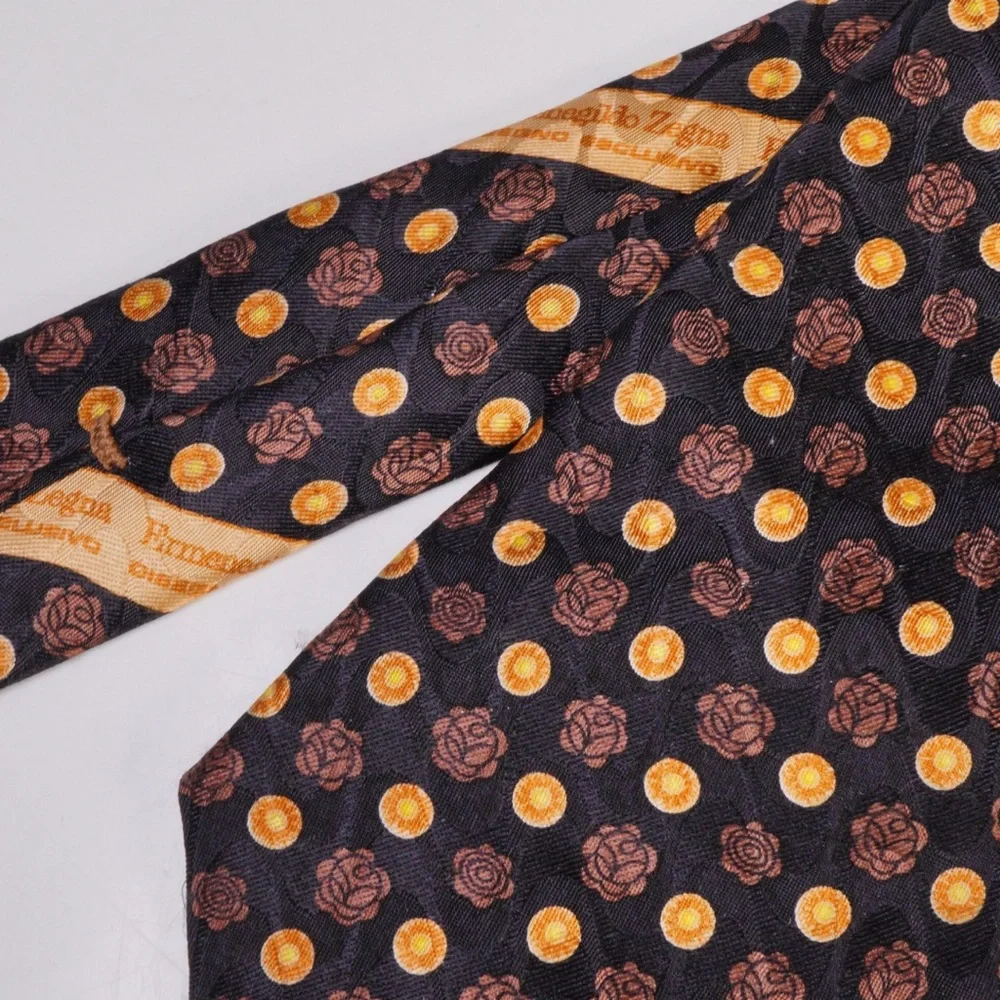 Ermenegildo‎ Zegna Black, Brown and Gold 100% Silk Floral Tie